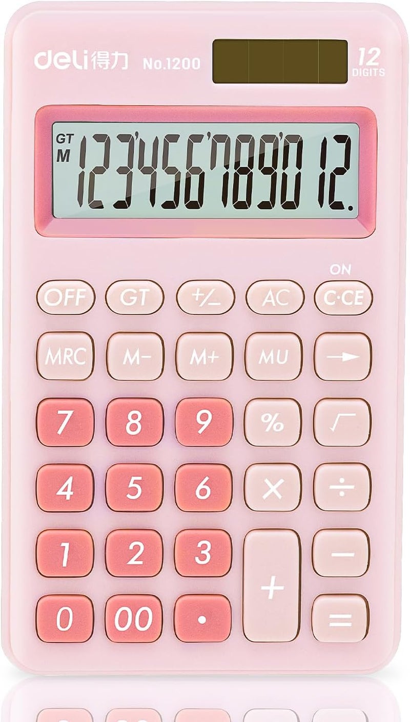 Deli Standard Function Basic Calculator, 12 Digit Desktop Calculator with Large LCD Display, Solar Battery Dual Power Office Calculators, Pink - Image 1